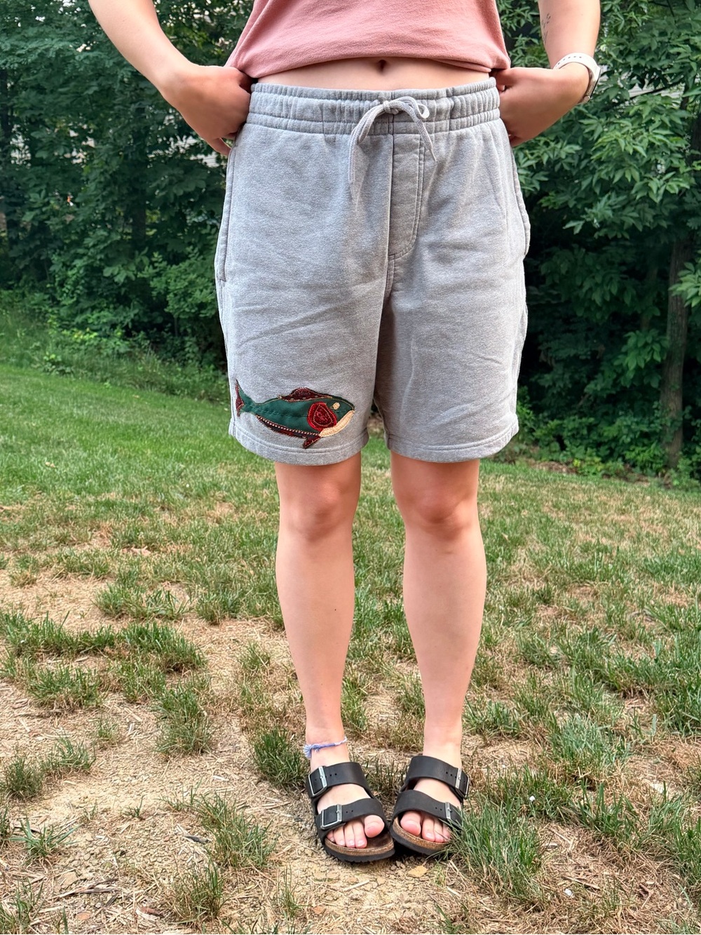 Gray Sweat Shorts with Handmade Fish Patch